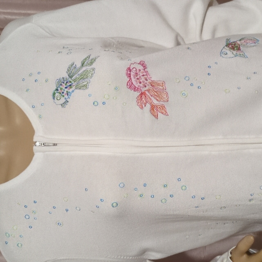 Talbots White Cardigan Sweater with Fish Embroidery XL - Picture 2 of 11